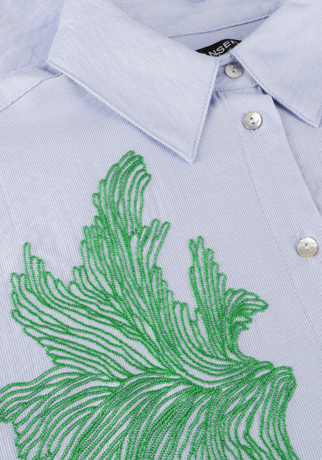 Blauwe JANSEN AMSTERDAM Blouses ODESSA BLOUSE FS 707 3/4 PUFFED SLEEVE GREEN EMBROIDERY - large