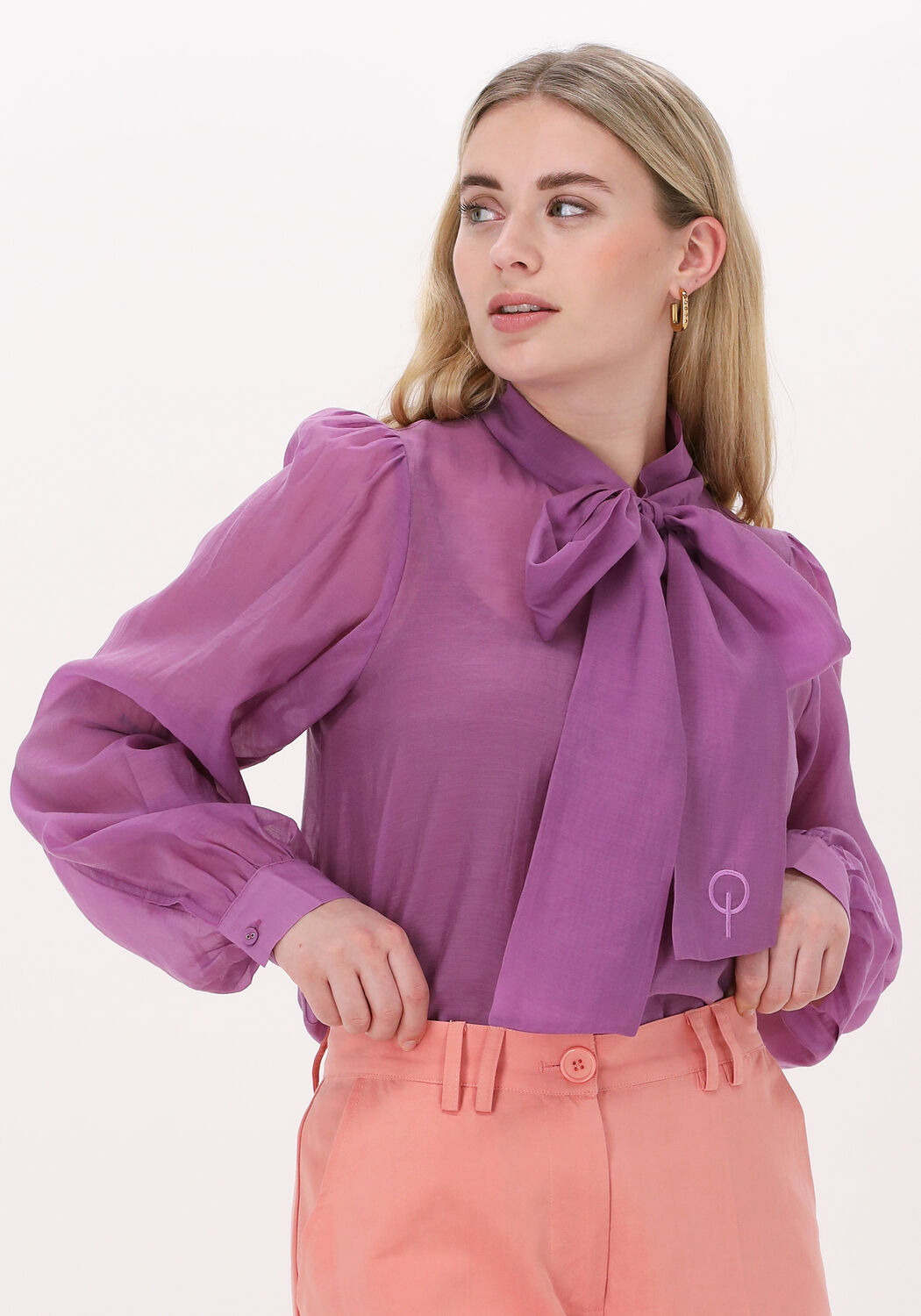 purple blouse with bow