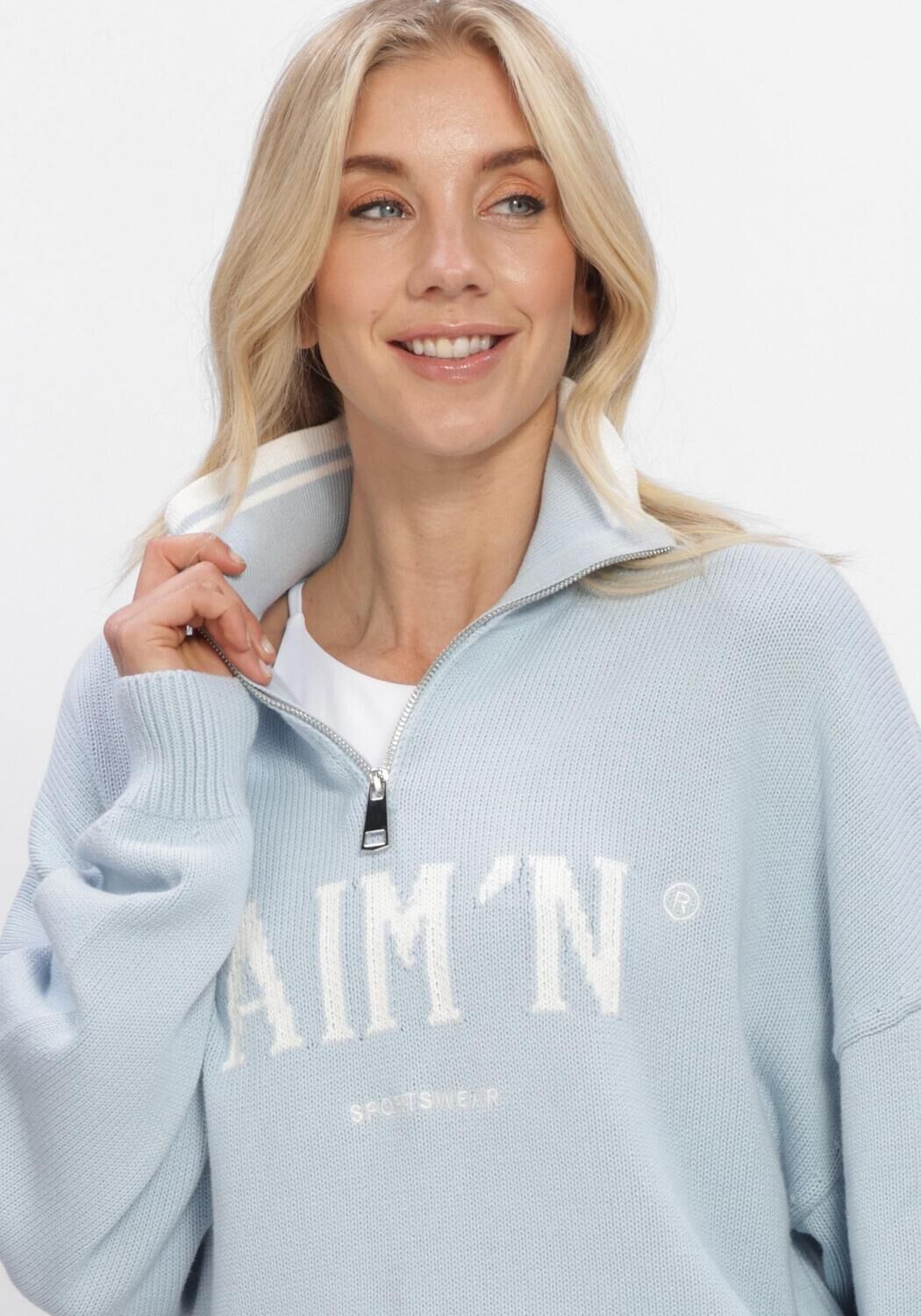 Lichtblauwe AIM'N Trui COLLEGE KNITTED HALF ZIP - large