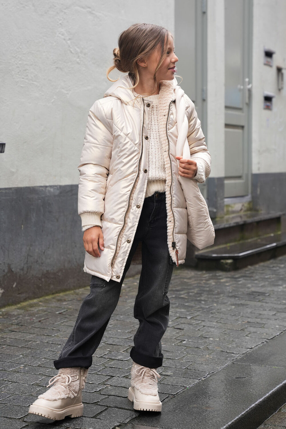 LIKE FLO Meisjes Jassen Ariana Flo Girls Reversible Hooded Long Jacket Beige