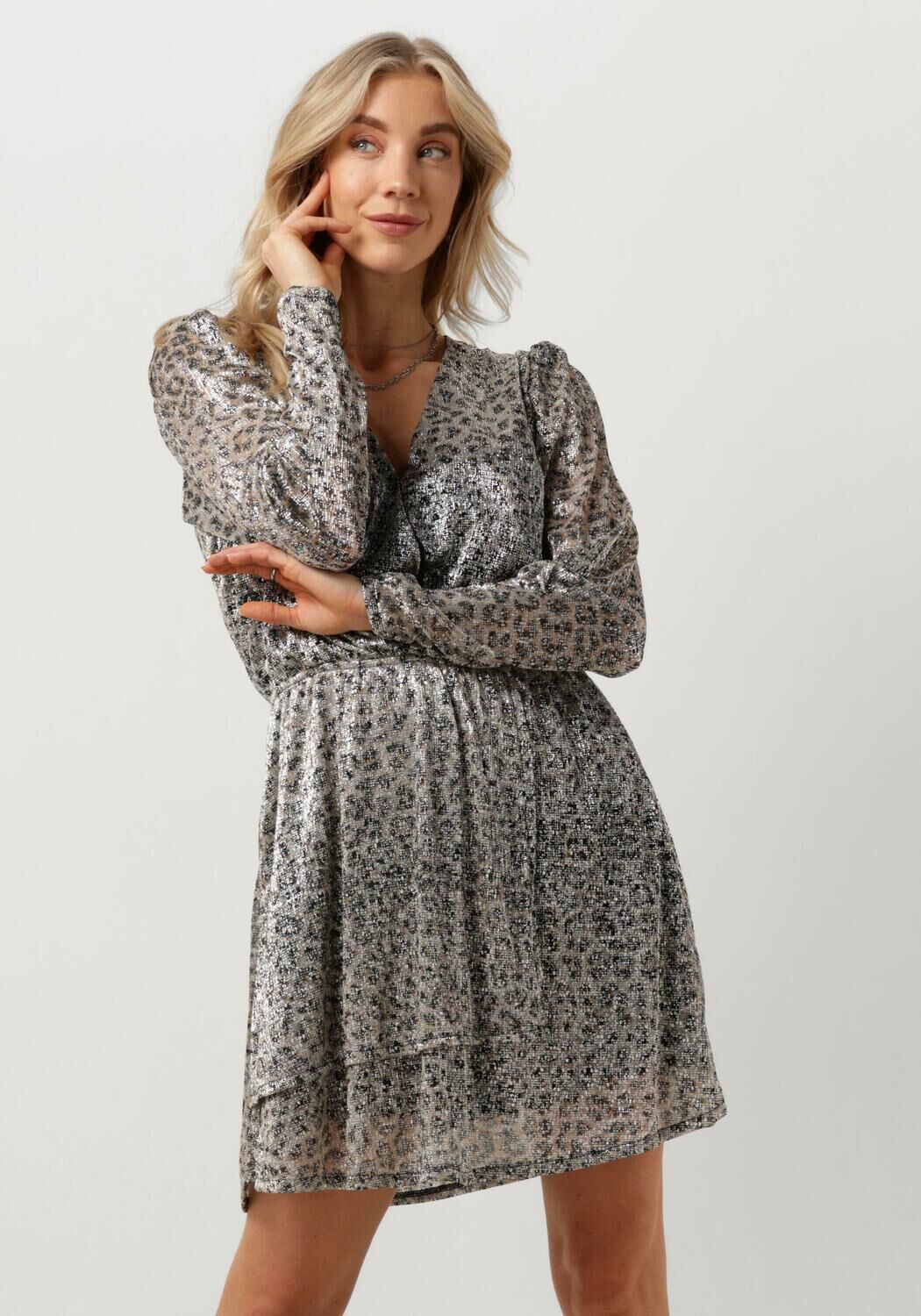 ALIX THE LABEL Dames Jurken Ladies Knitted Leopard Shiny Wrap Dress Zilver