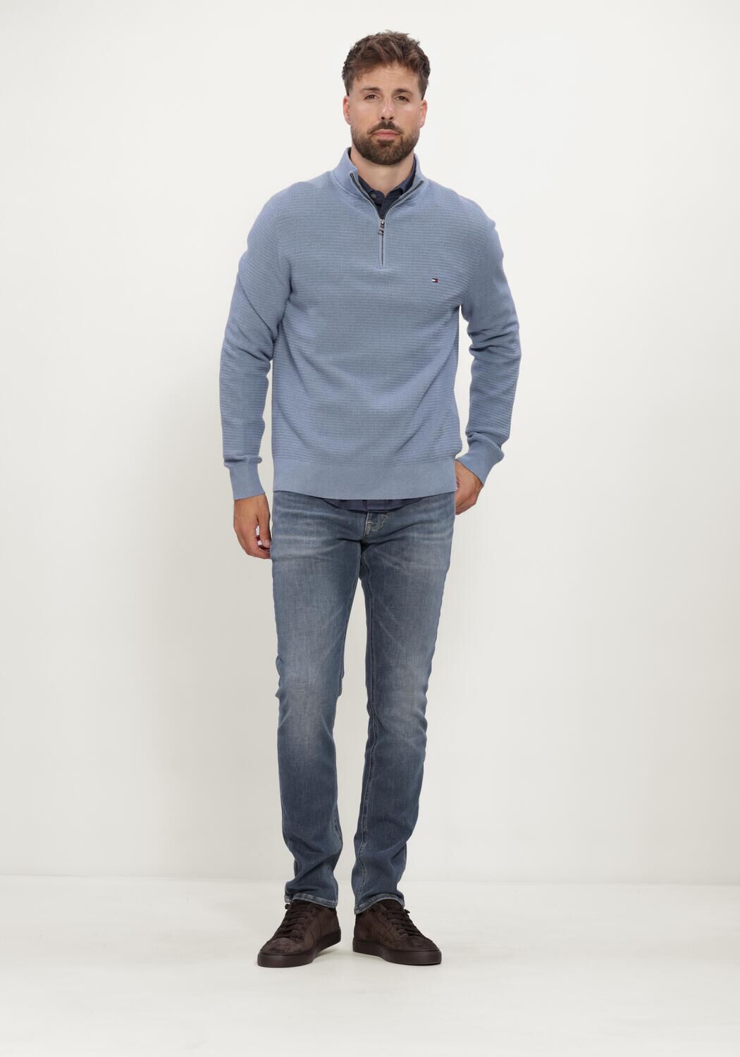 TOMMY HILFIGER Heren Truien & Vesten Pima Ctn Cash Structure Zip Mock Lichtblauw