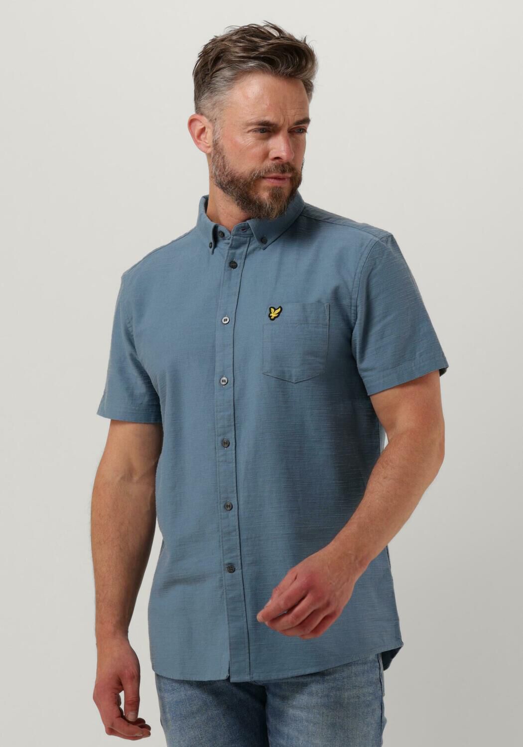 lichtblauwe lyle scott casual overhemd cotton slub short sleeve shirt