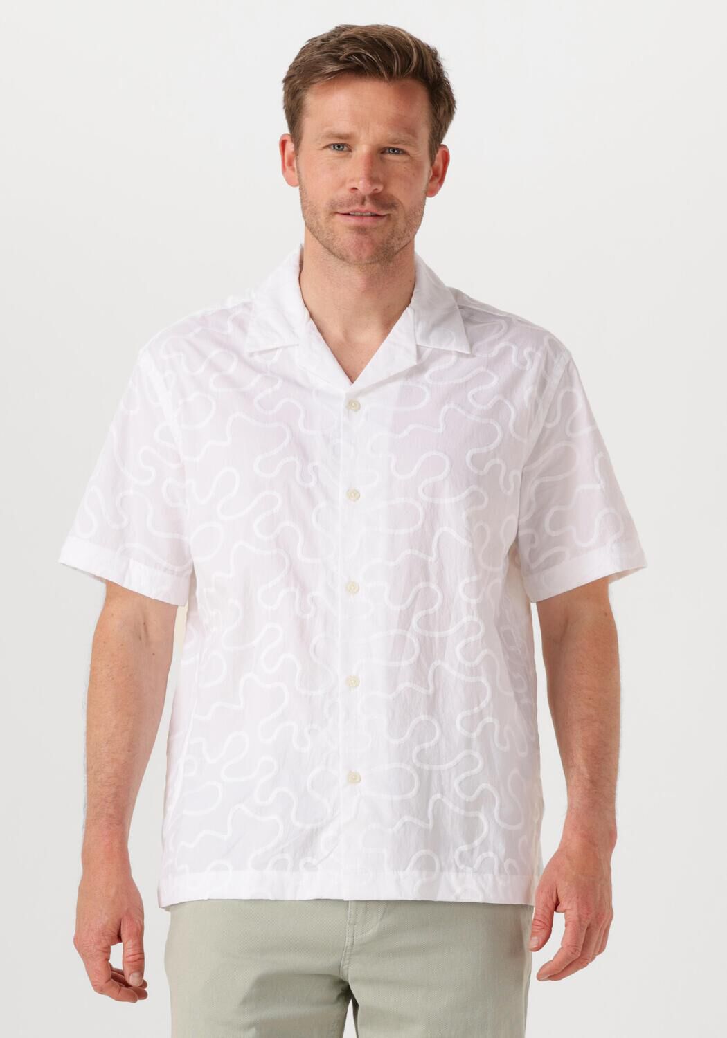 SELECTED HOMME Heren Overhemden Slhrelaxeli Emb Ss Shirt Wit