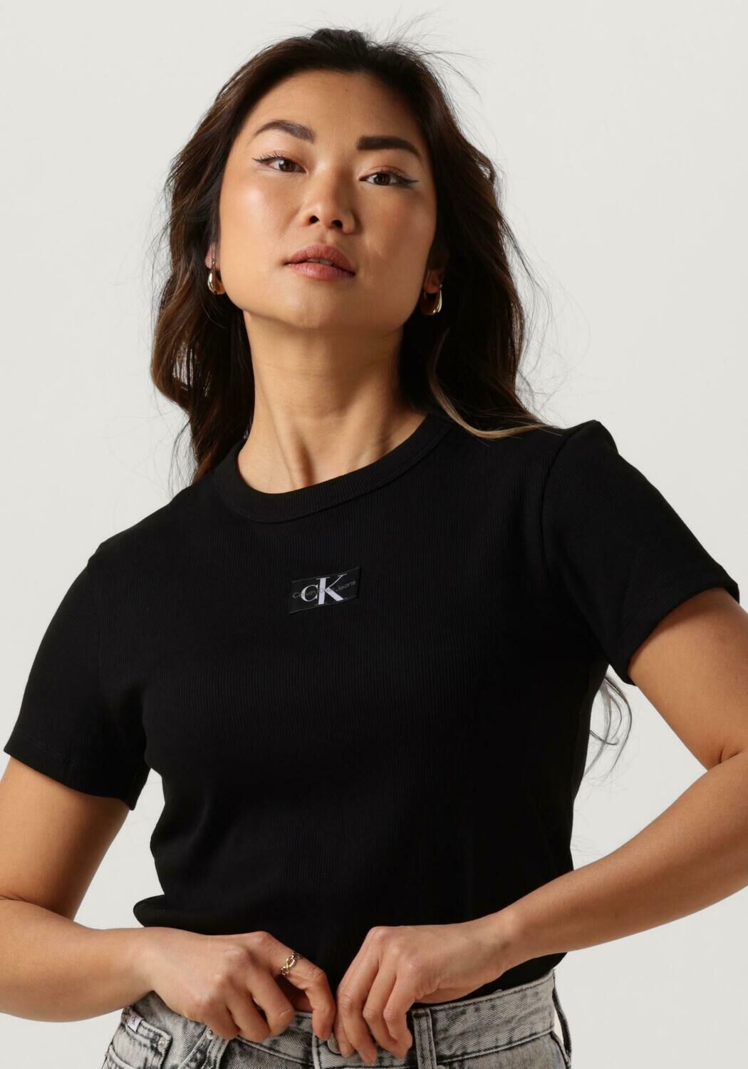 CALVIN KLEIN Dames Tops & T-shirts Woven Label Rib Regular Tee Zwart