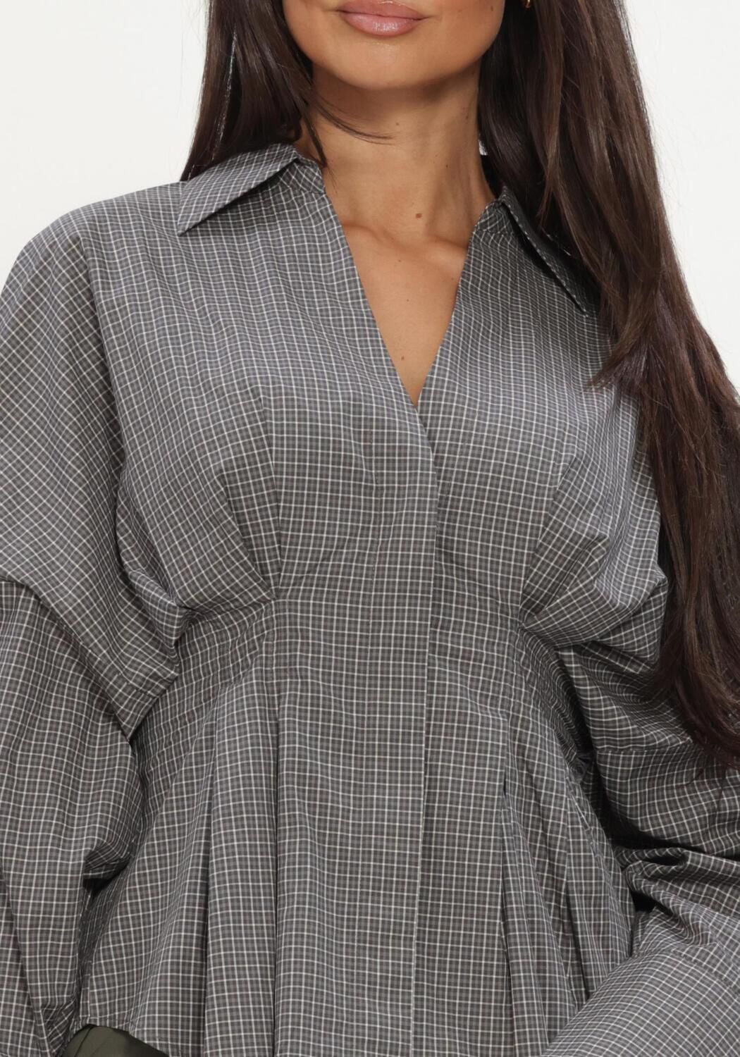 Grijze CATWALK JUNKIE Blouses CHECK BLOUSE WITH WAIST PLEATS - large