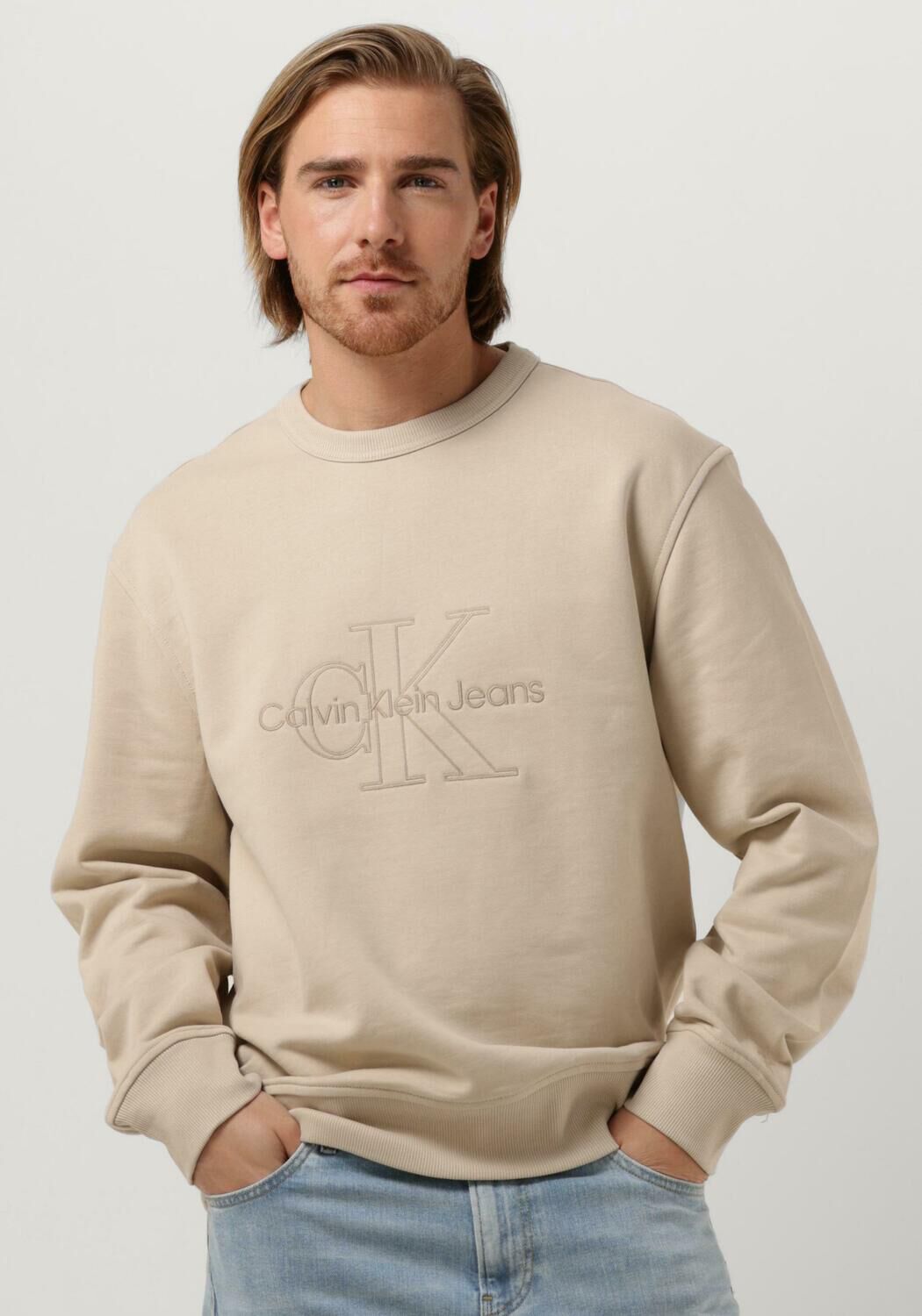 beige calvin klein sweater monologo washed crew neck