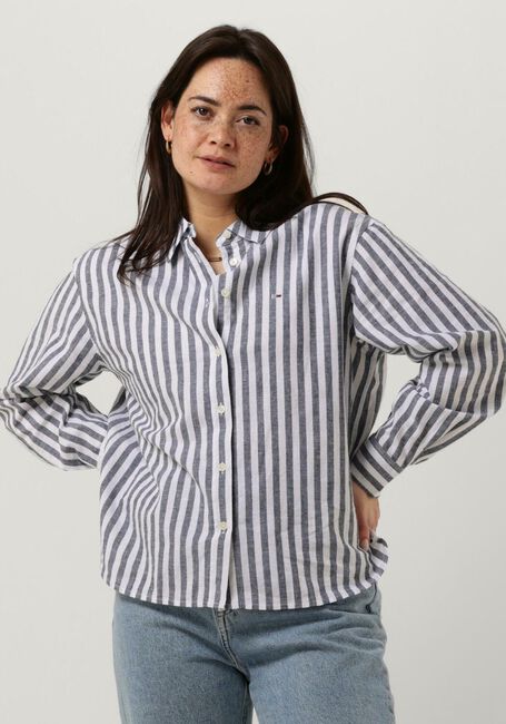 Blauw/wit gestreepte TOMMY JEANS Blouse TJW STRIPED LINEN BLEND BF SHIRT - large