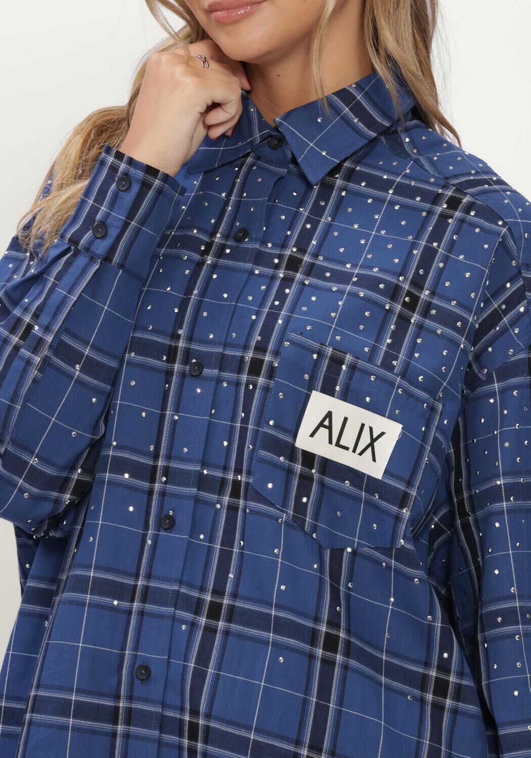 Donkerblauwe ALIX THE LABEL Blouses LADIES WOVEN STUDDED CHECK BLOUSE DRESS - large