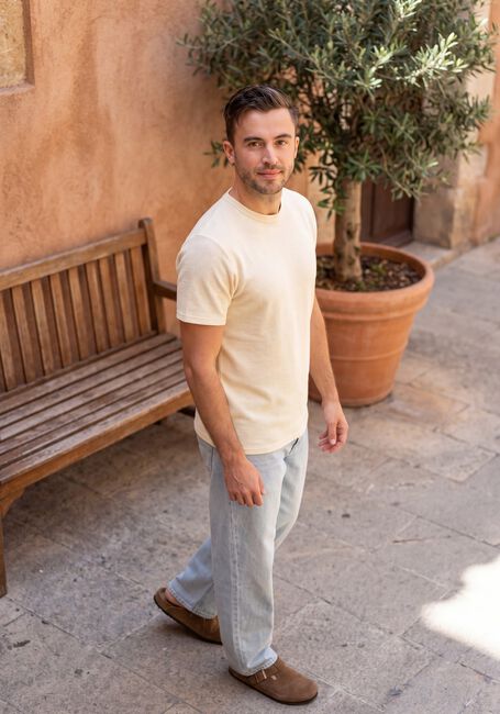 Beige SELECTED MEN Polo / T-shirt SLHSANDER SEERSUCKER SS O-NECK  TEE - large