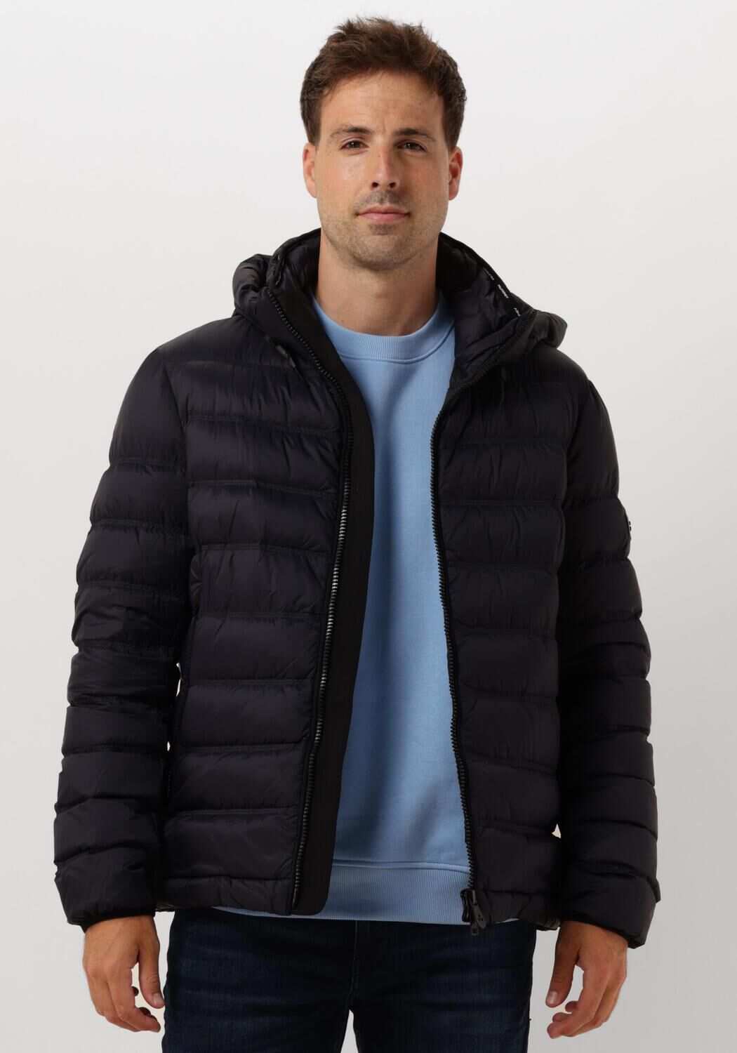 Peuterey Blauwe gewatteerde pufferjas met logo patch Blue Heren