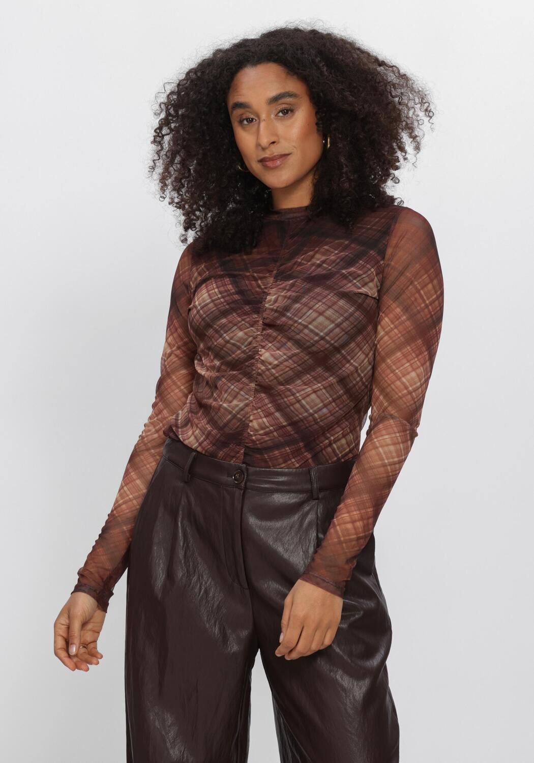 Bruine SUMMUM Trui DIAGONAL CHECK ON MESH TOP - large