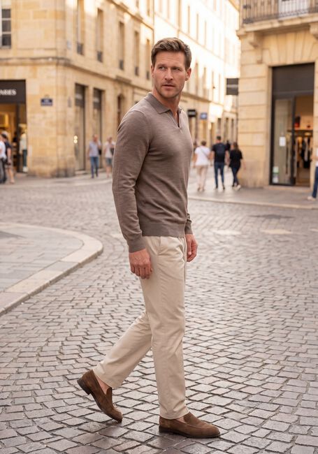 Taupe PROFUOMO Trui POLO OPEN COLLAR LS EXTRAFINE MERINO - large