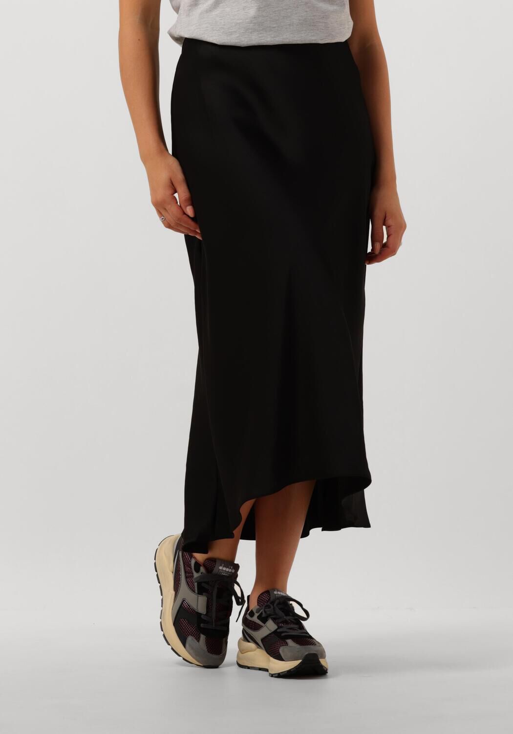 Dante 6 Zwarte Satijnen Midi Rok met Rits en Elastische Tailleband Black Dames