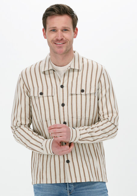 Beige CAST IRON Overshirt LONG SLEEVE SHIRT COTTON- LINEN TWILL STRIPE - large