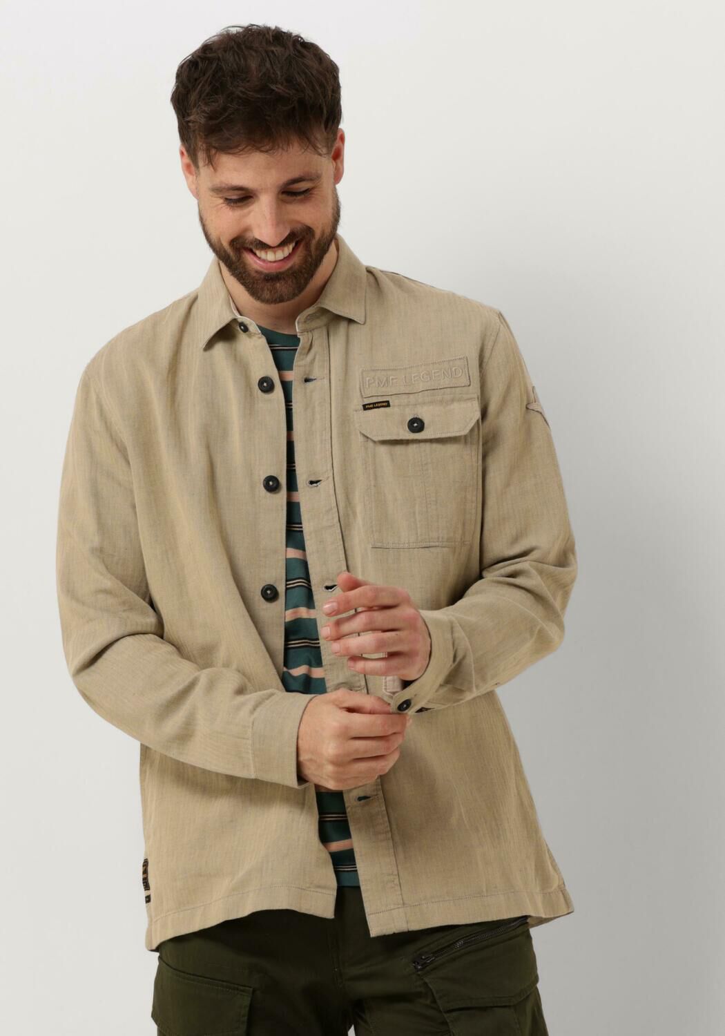 beige pme legend casual overhemd long sleeve shirt ctn linen 2 tone herringbone