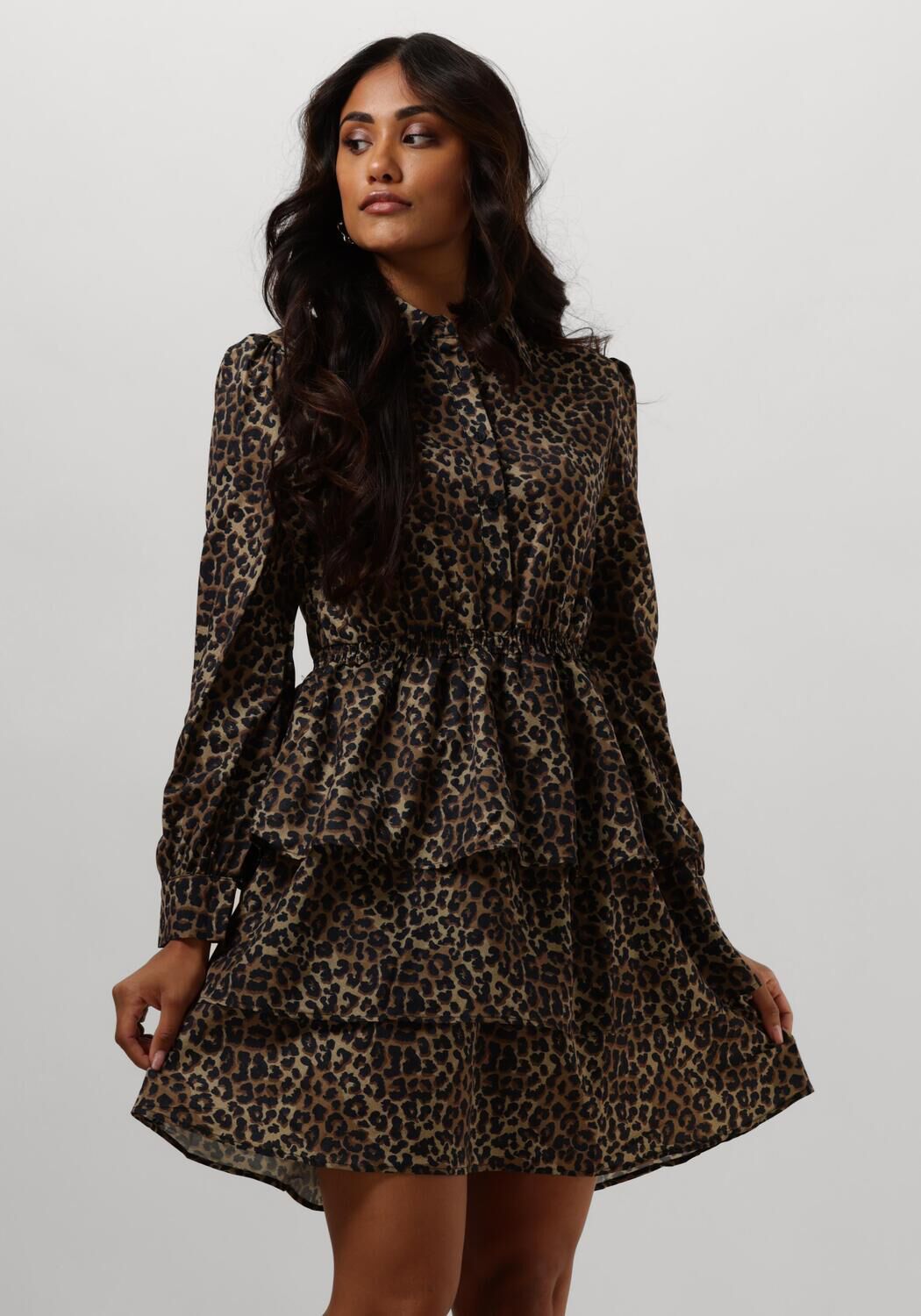 Bruine COLOURFUL REBEL Mini jurk SACHA LEOPARD SHIRT DRESS LS Omoda