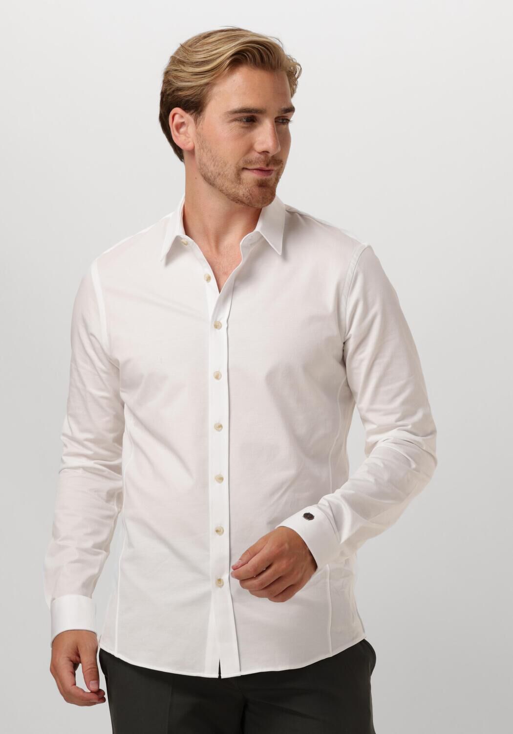 CAST IRON Heren Overhemden Long Sleeve Shirt Twill Jersey 2 Tone Wit
