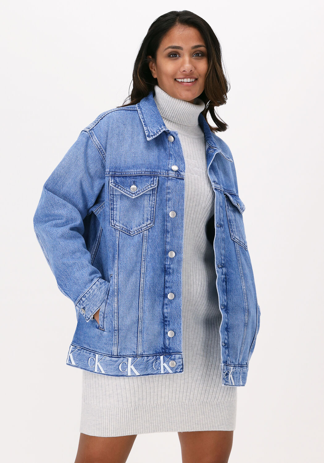 blauwe calvin klein jack long dad denim jacket