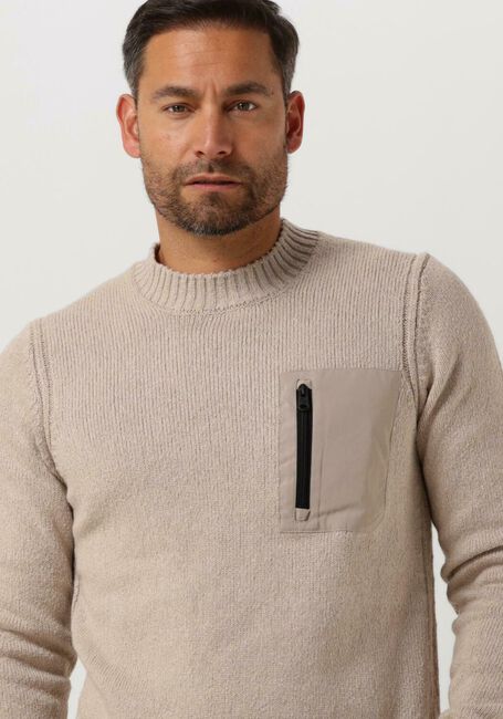 Beige CAST IRON Trui MOCK NECK ROUGH COTTON POCKET CREW - large