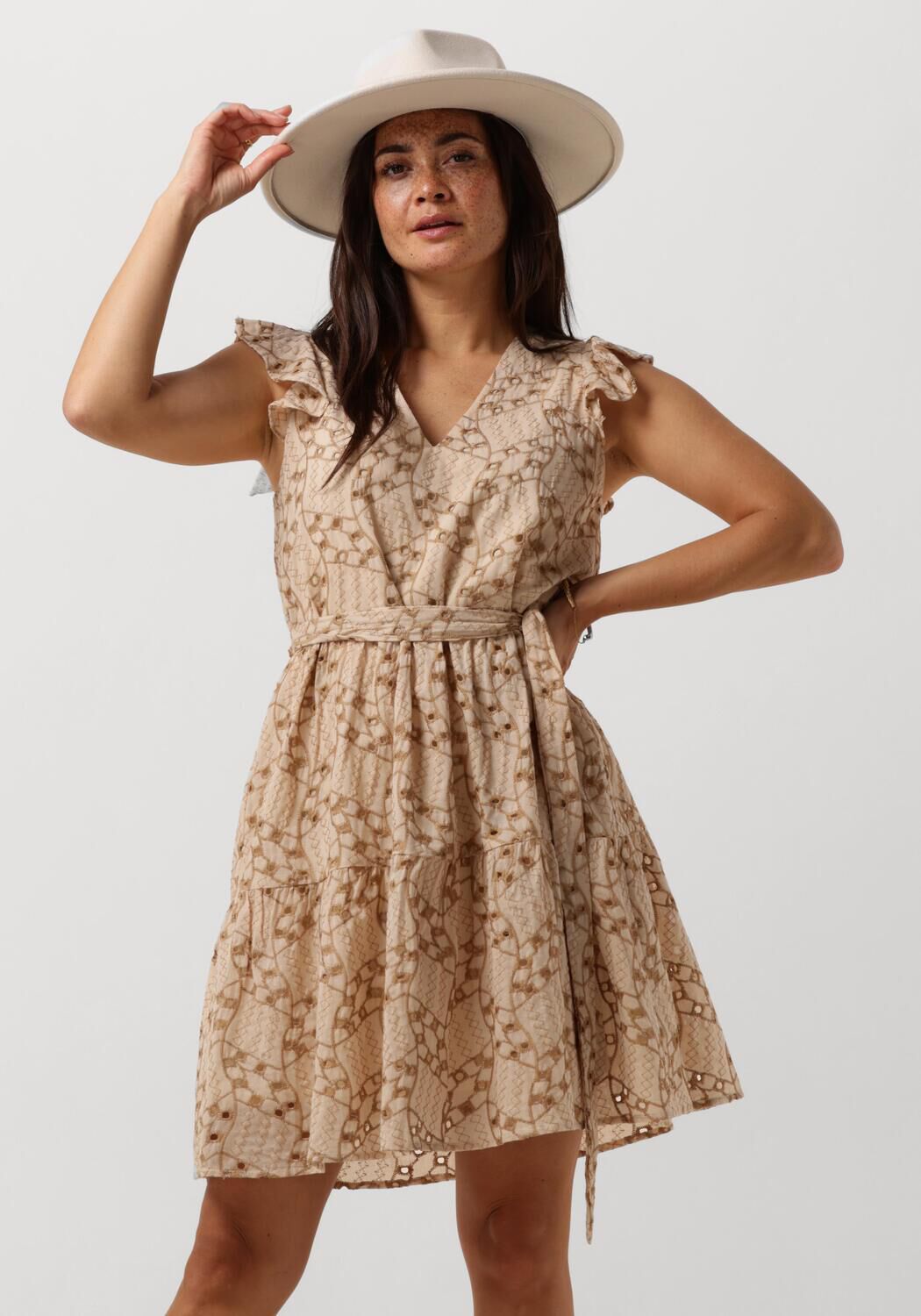 Ydence jurk Adeline met all over print en borduursels ecru beige