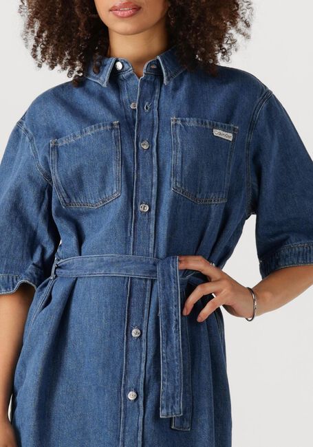 Blauwe CALVIN KLEIN Mini jurk LINEN BOXY BELTED SHIRT DRESS - large