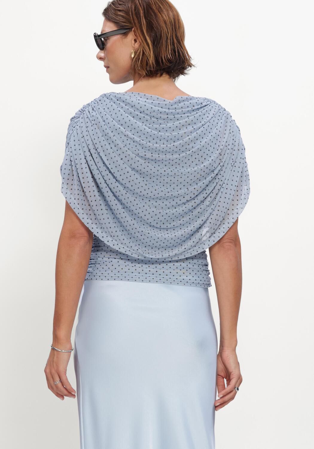 Lichtblauwe NEO NOIR Blouses COTTUNA DOT DRAPY MESH TOP - large