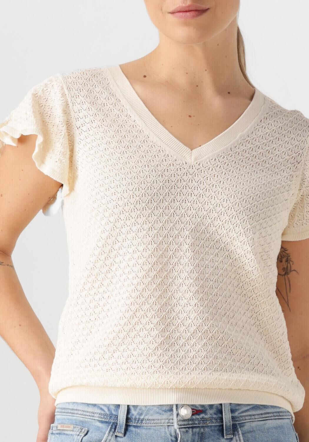 MOS MOSH Dames Tops & T-shirts Mmganna Pattern V-neck Knit Ecru