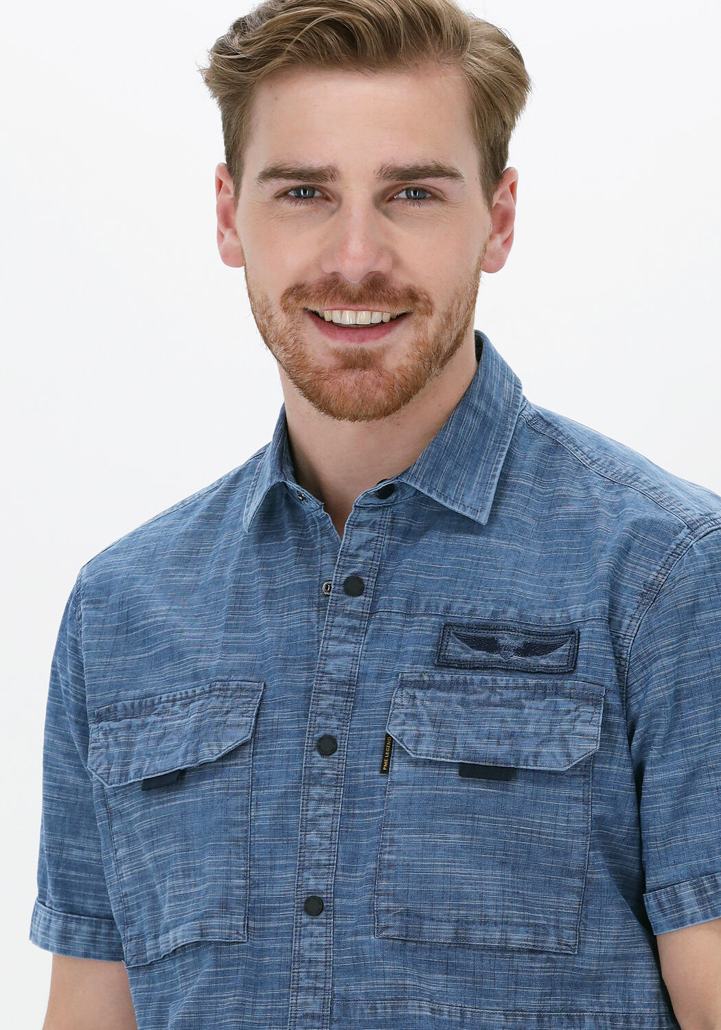 blauwe pme legend casual overhemd short sleeve shirt ctn indigo slub