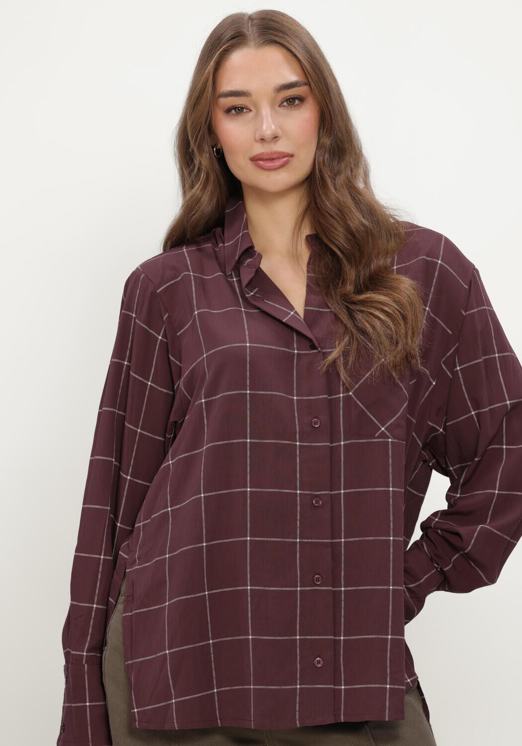 Bordeaux REFINED DEPARTMENT Blouses LADIES WOVEN BLOUSE CHECK SHOULDER PADS NARO - large
