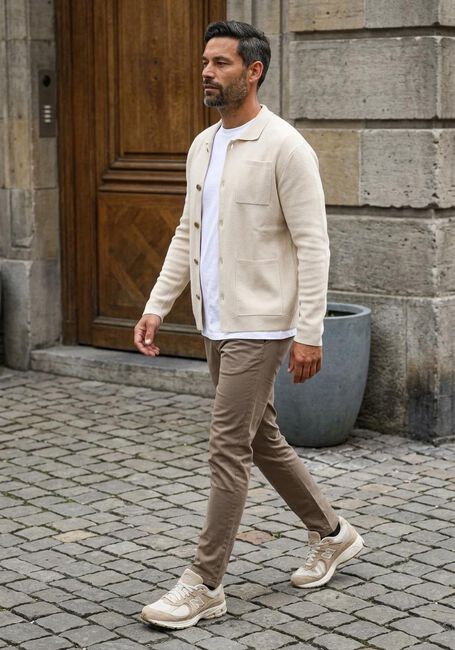 Beige SELECTED MEN Vest SLHMIKE LIGHT LS KNIT RELAXED POLO CARDIGAN - large