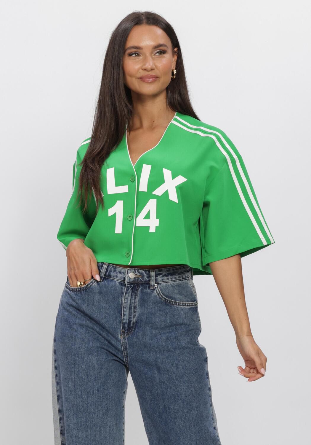 Groene ALIX THE LABEL Tops & T-shirts LADIES WOVEN CROPPED BASEBALL SHIRT - large