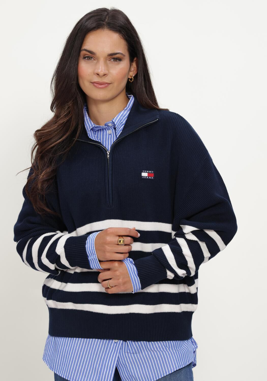 Donkerblauwe TOMMY JEANS Truien/vesten TJW STRIPE QUARTER ZIP SWEATER - large