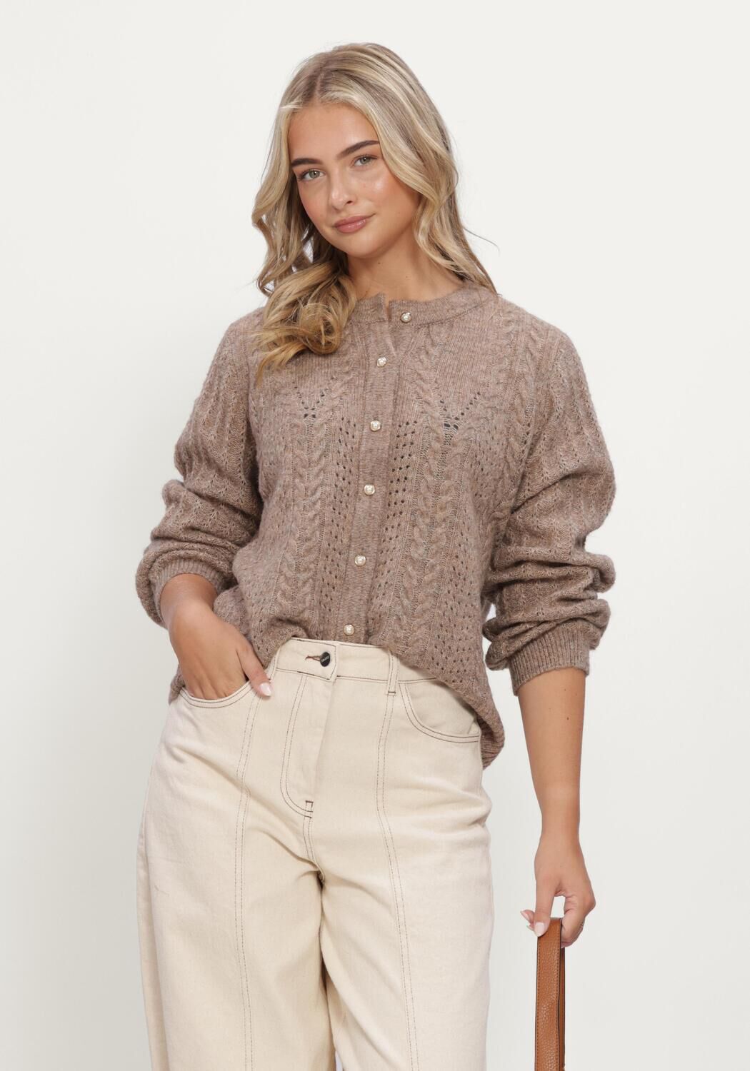 Taupe OBJECT Trui OBJFLORA RE LS KNIT BUTTON CARDIGAN NOOS - large