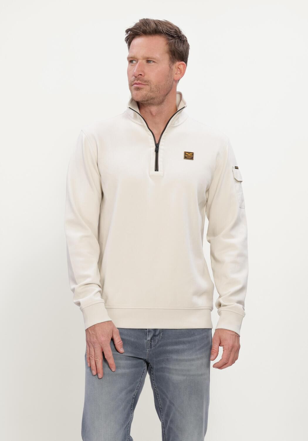 Ecru PME LEGEND Trui HALF ZIP COLLAR INTERLOCK JERSEY - large