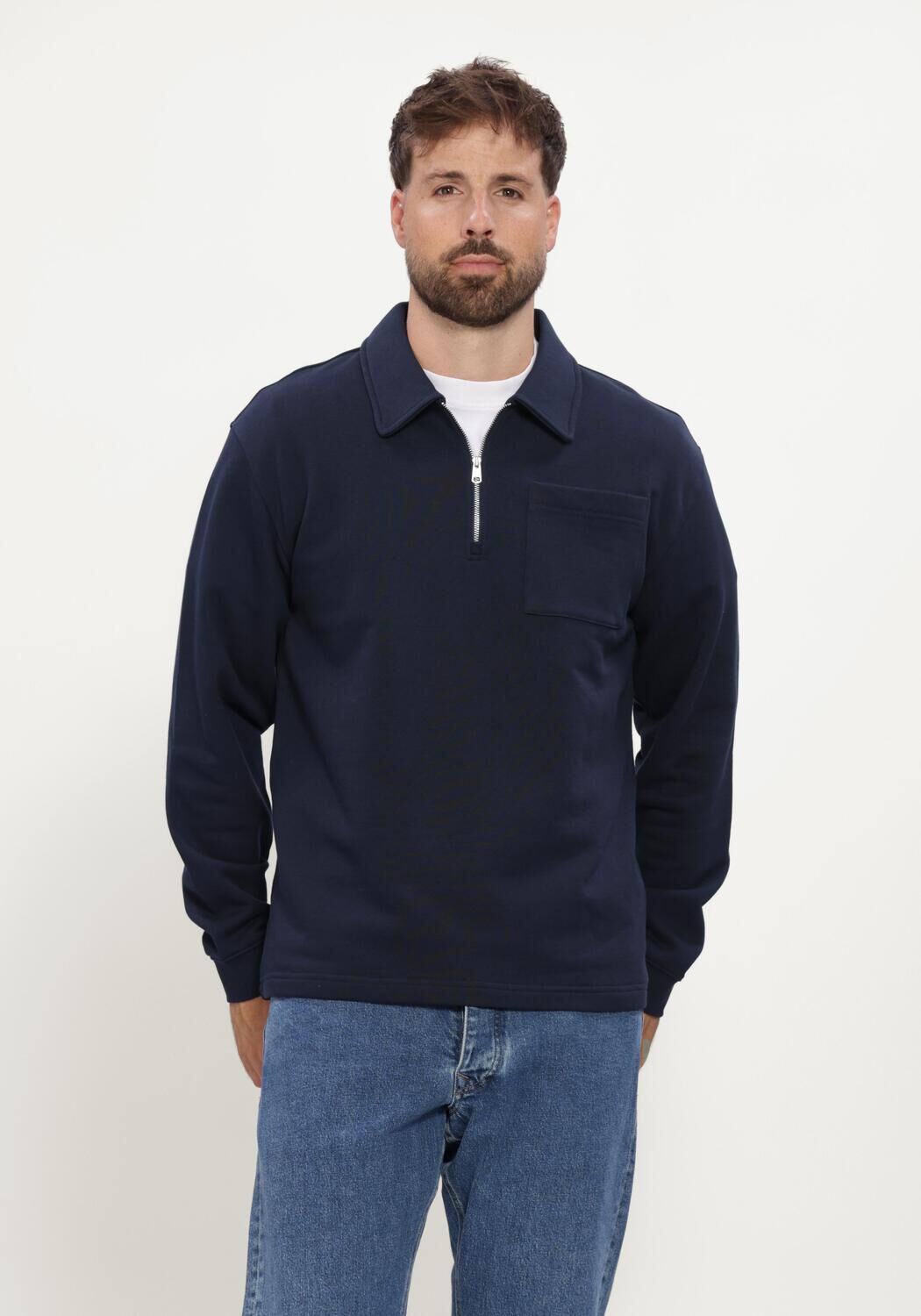 Donkerblauwe SELECTED MEN Trui SLMSCOTT LS HALF ZIP SWEAT - large