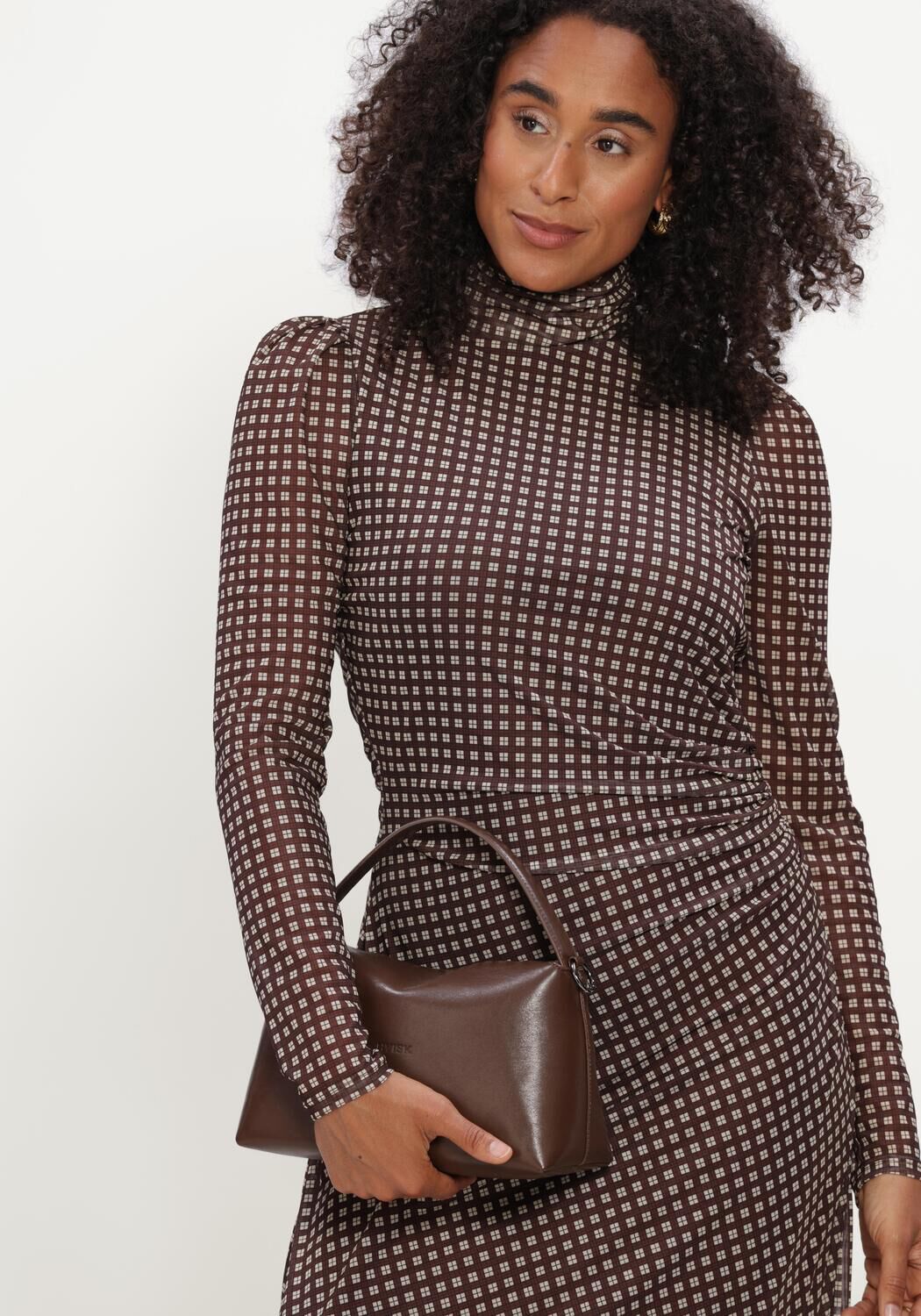 Bruine POM AMSTERDAM Maxi jurk AMBER CHECK BROWN - large