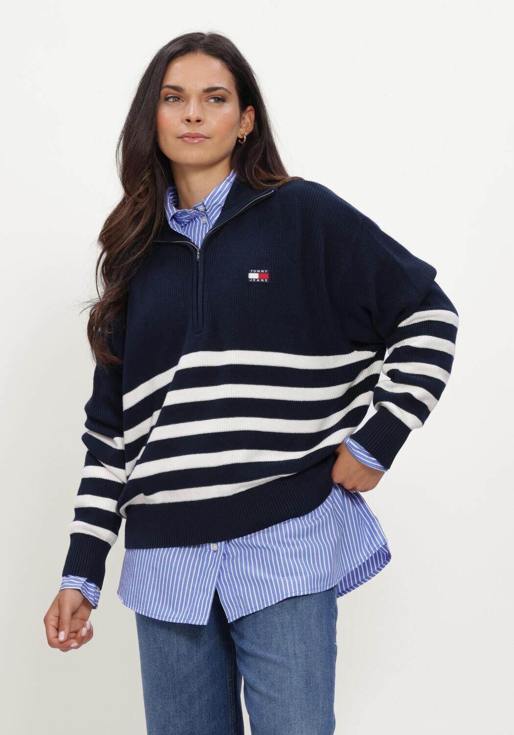 Donkerblauwe TOMMY JEANS Truien/vesten TJW STRIPE QUARTER ZIP SWEATER - large
