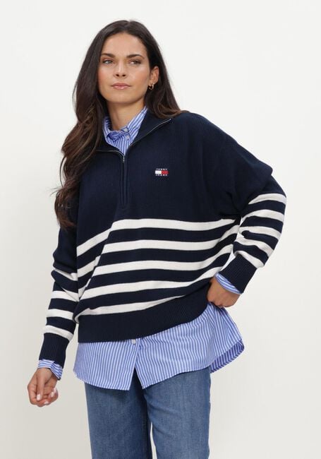 Donkerblauwe TOMMY JEANS Truien/vesten TJW STRIPE QUARTER ZIP SWEATER - large