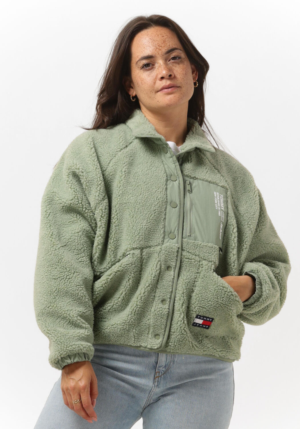 groene tommy jeans teddy jas tjw reversible sherpa jacket