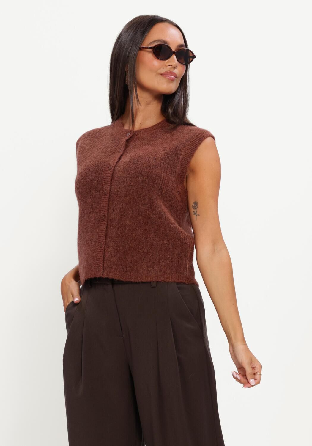 Bruine SELECTED WOMEN Trui SLWLULU SL BUTTON O-NECK VEST - large