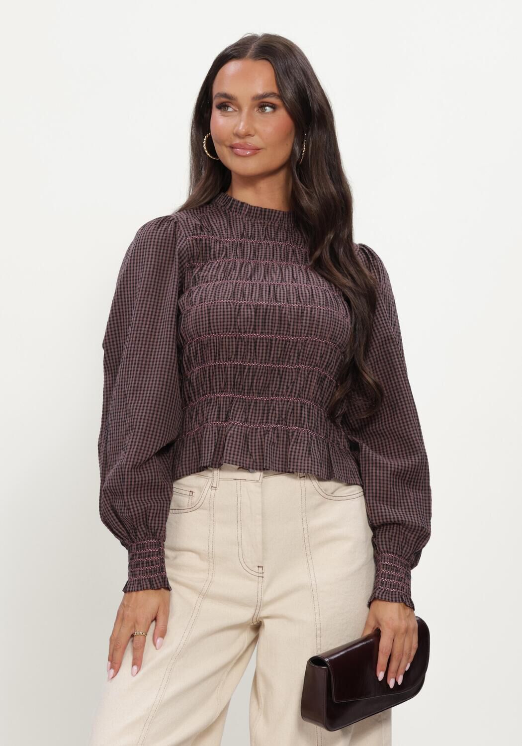 NEO NOIR Dames Tops & T-shirts Oliana Check Blouse Bruin
