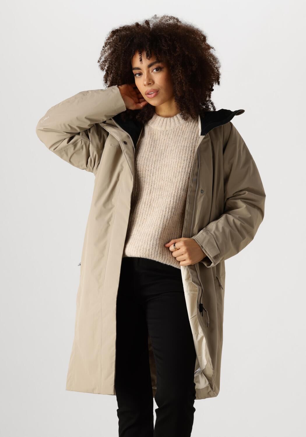 Peak Performance Lange Parka met Verborgen Sluiting en Capuchon Beige Dames