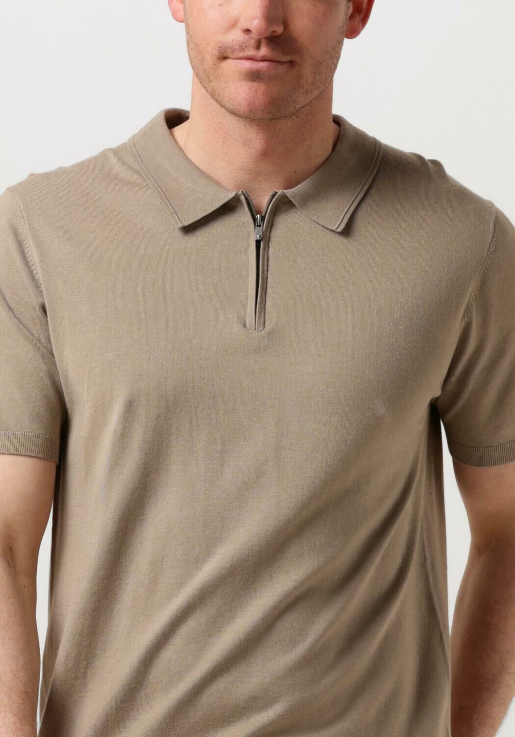 PURE PATH Heren Polo's & T-shirts Knitted Shotsleeve Polo Half Zip With Chest Embroidery Taupe