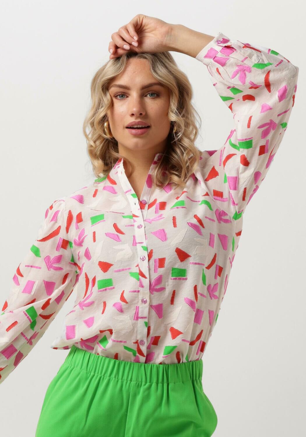 POM Amsterdam blouse met all over print en plooien wit roze groen