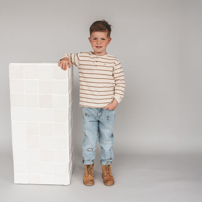 Beige YOUR WISHES Polo STRIPE TERRY RELAXED GRANDDAD LONGSLEEVE - large