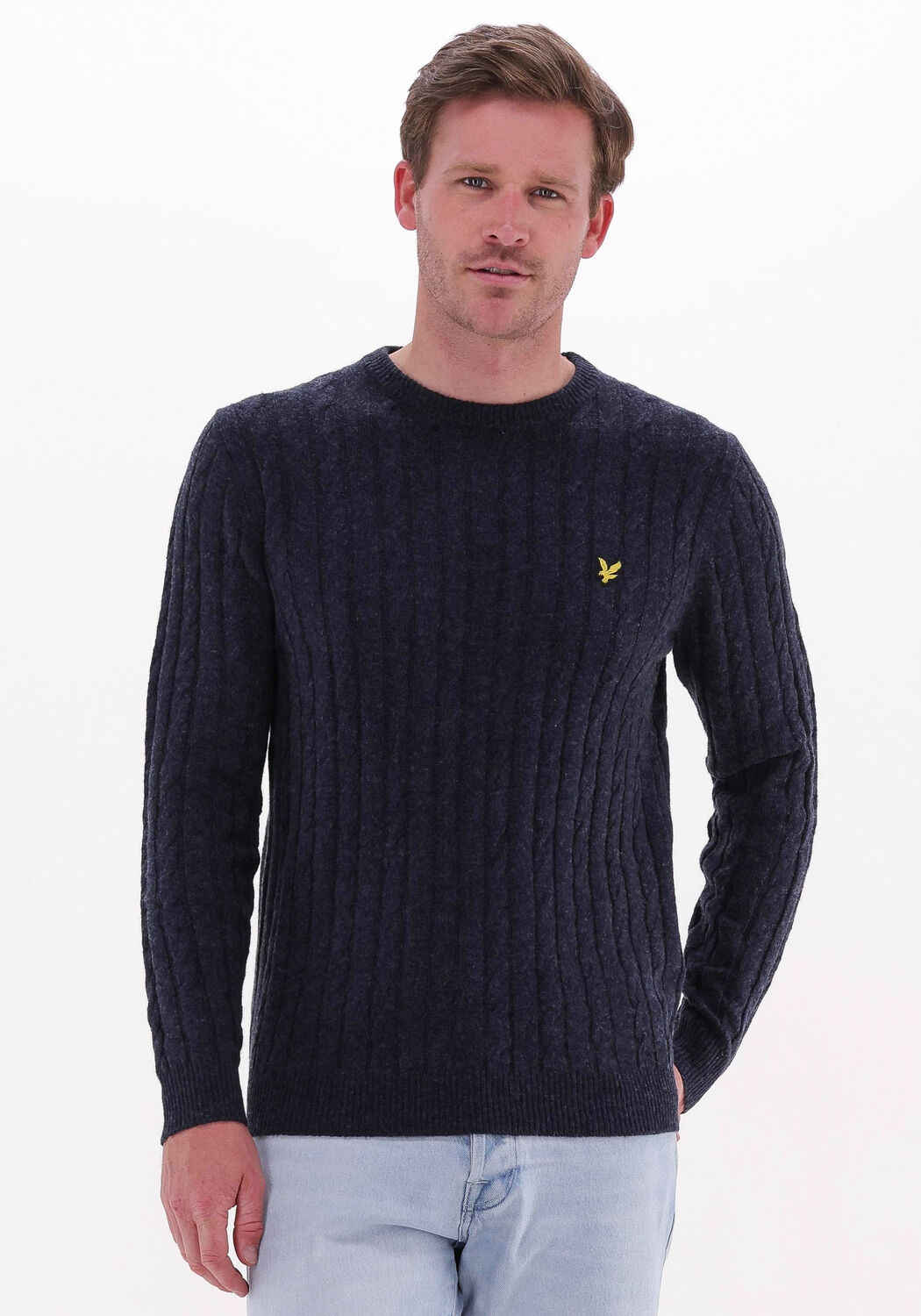donkerblauwe lyle scott trui cable jumper