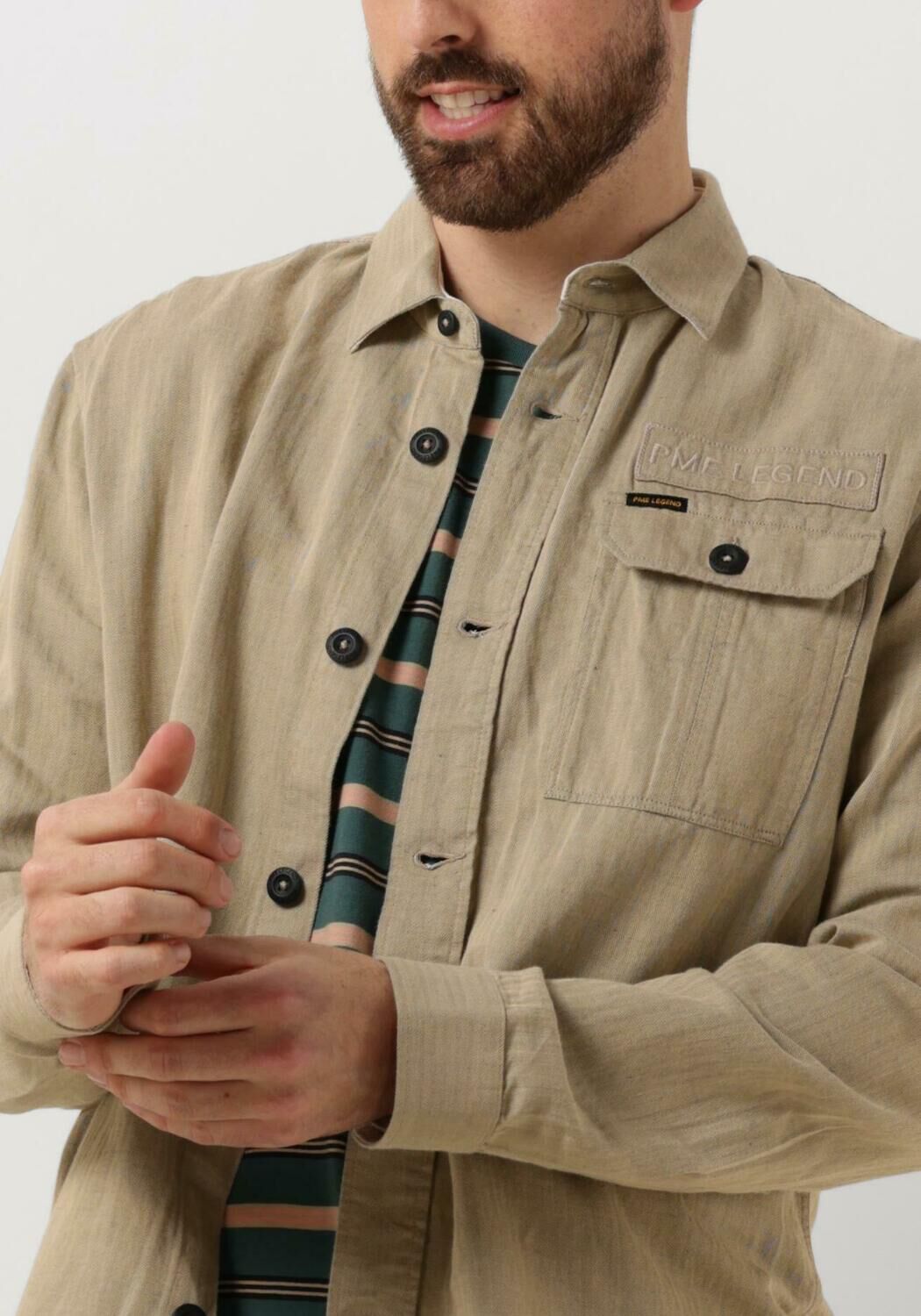 PME LEGEND Heren Overhemden Long Sleeve Shirt Ctn linen 2 Tone Herringbone Beige