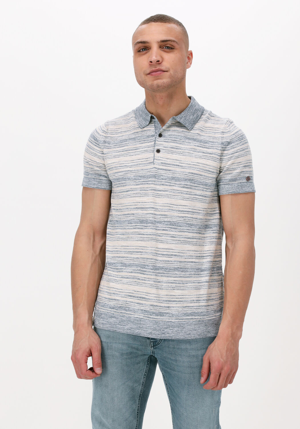Lichtblauwe CAST IRON Polo SHORT SLEEVE POLO COTTON SLUB STRIPE KNITTED Omoda