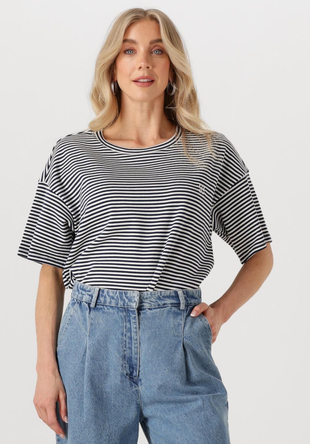 My Essential Wardrobe Gestreepte Geborduurde Tee Top Marine Blue Dames